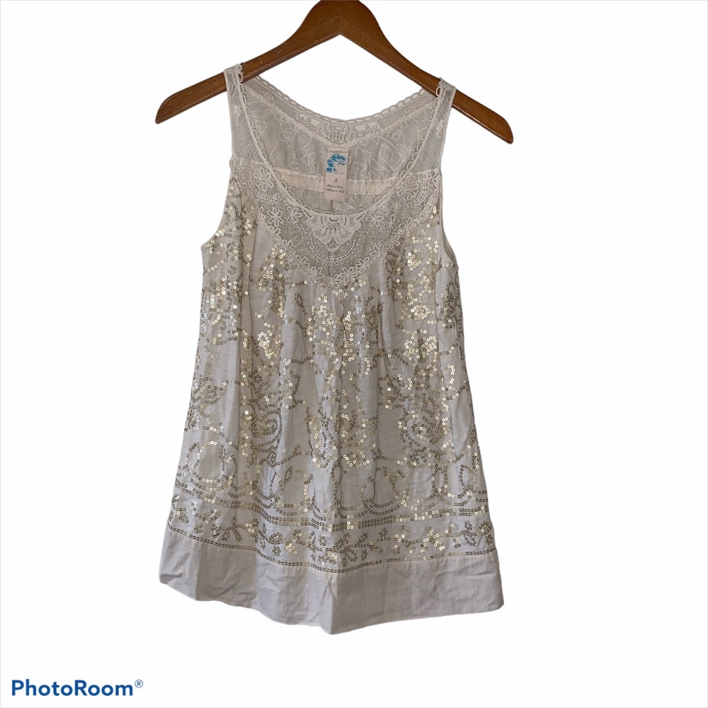 Anthropologie Ivory w/ Gold Sequins Bordurette Top